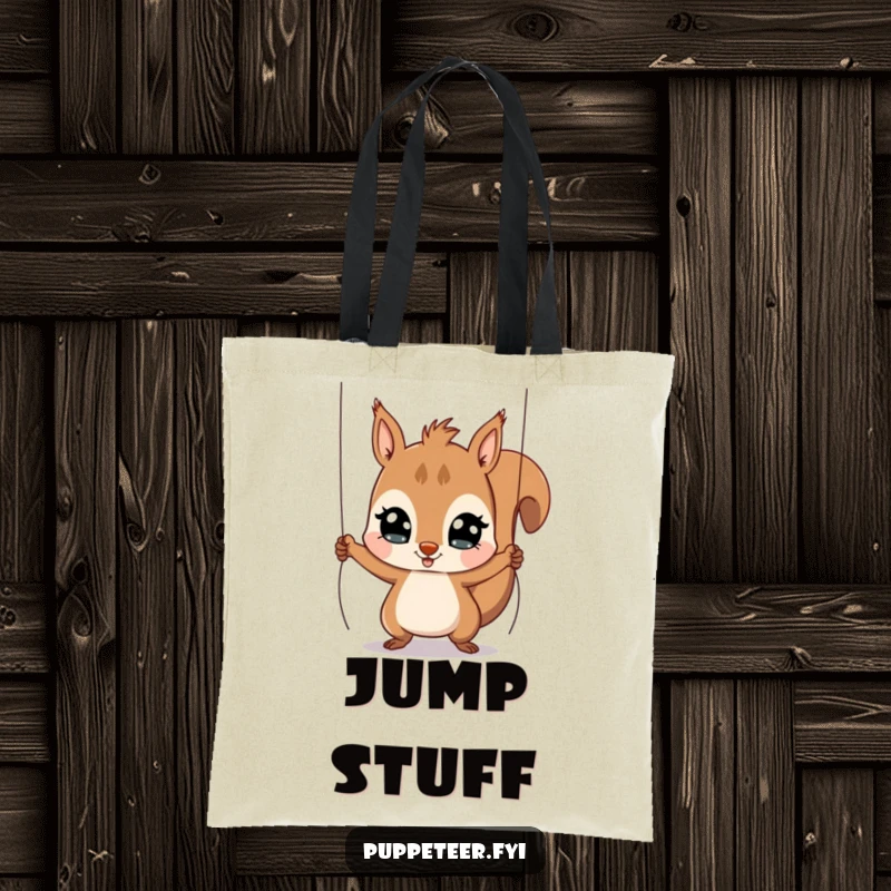 Funny Squirrel Puppet Master Tote Bag with a playful squirrel pulling strings to make a puppet jump, a humorous gift.