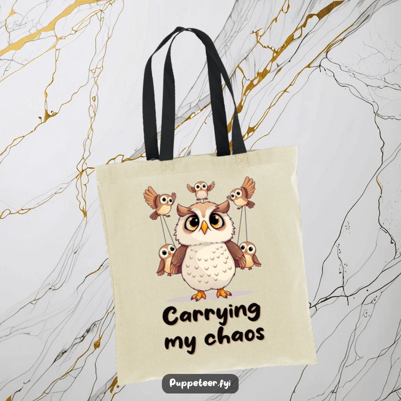 Funny tote bag showing a surprised owl looking up at performing owl puppets, perfect for carrying essentials.