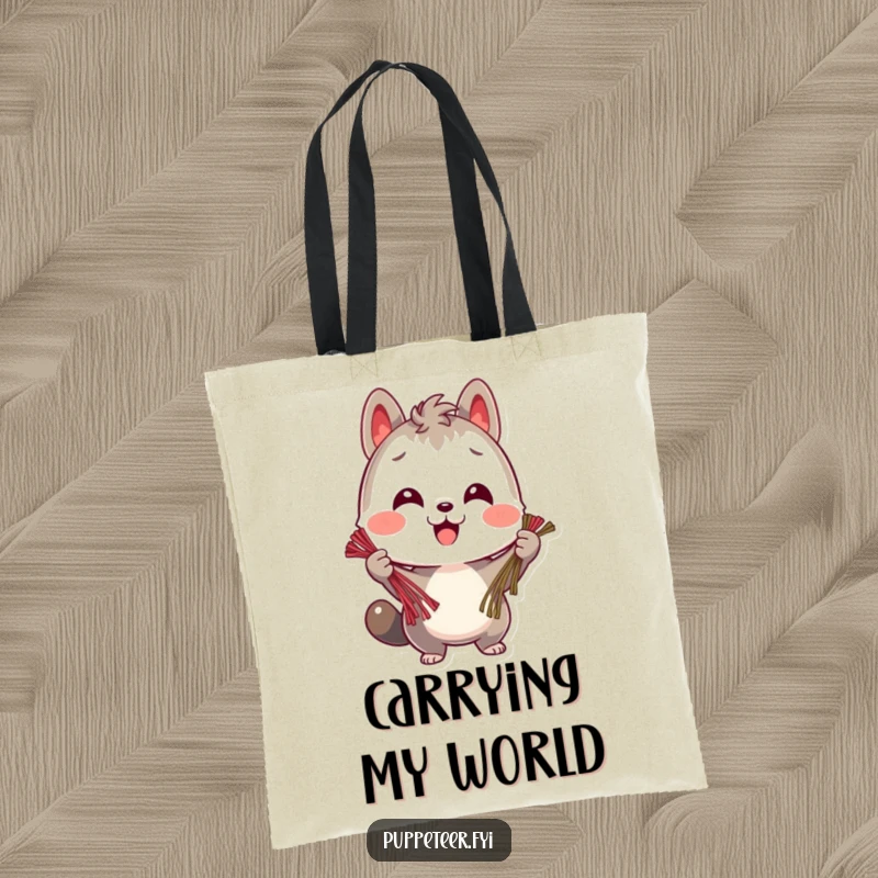 Funny tote bag with a cheerful animal character focused on holding many strings, symbolizing organized efficiency and happy productivity.