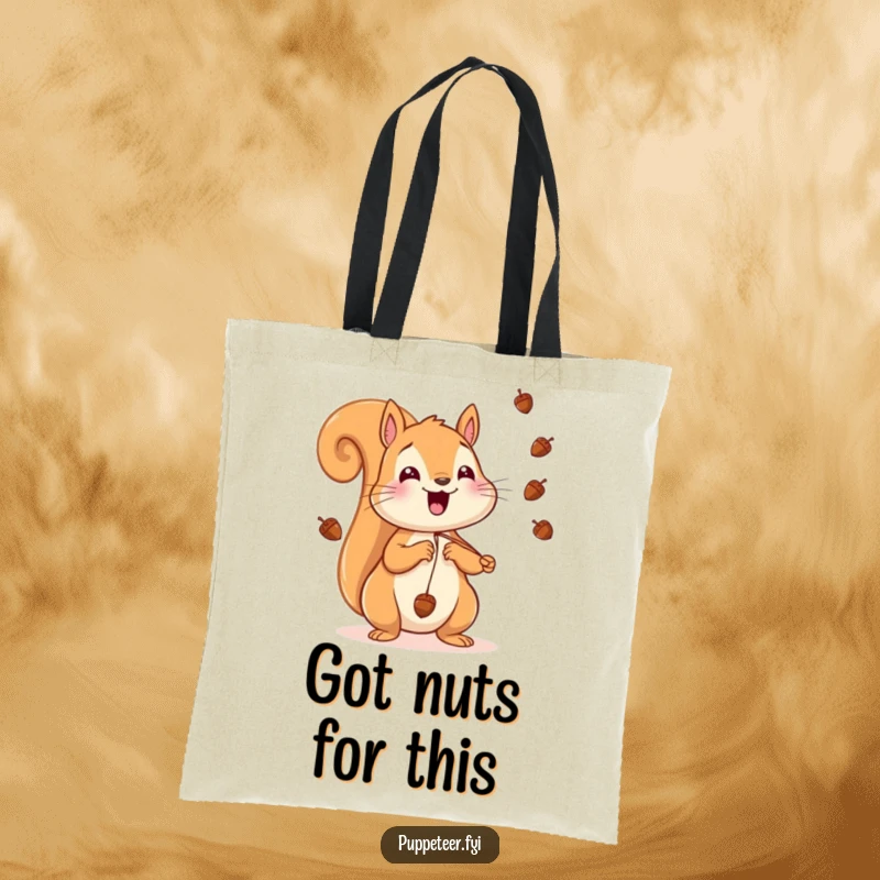 Funny Squirrel Tote Bag showing a cheerful squirrel making tiny acorns fly, perfect for carrying essentials with a smile.
