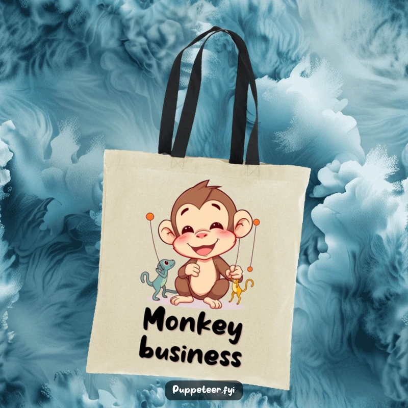 Funny Monkey Puppet Master Tote Bag with a delighted monkey concentrating on intricate puppet movements, a humorous gift.