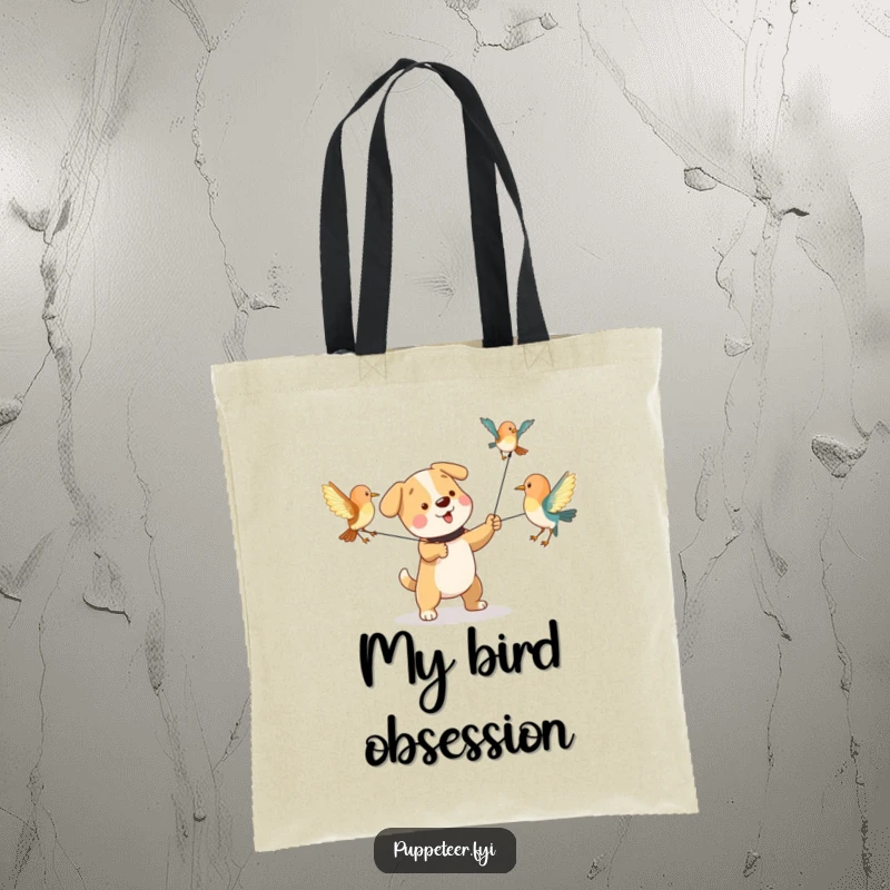 Funny tote bag showing a playful dog character pulling strings to make bird puppets flap their wings, a charming accessory.