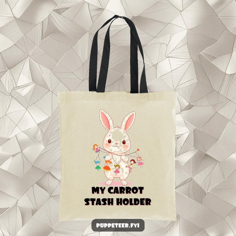Funny kawaii rabbit holding multiple strings, making small dolls dance on a durable tote bag, ideal for a funny gift.