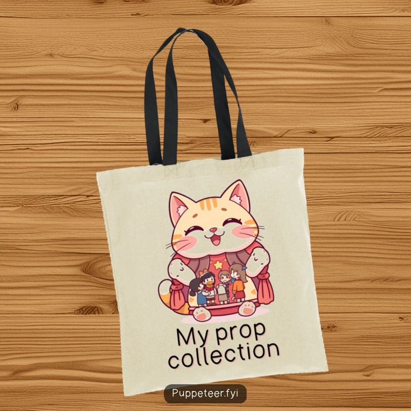 Funny tote bag showing a giggling cat character proudly displaying a puppet show stage with figures, a charming accessory.