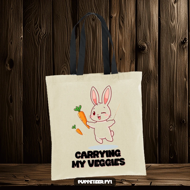 Funny tote bag showcasing a winking rabbit puppet master making a carrot puppet dance with invisible strings, perfect for carrying essentials.