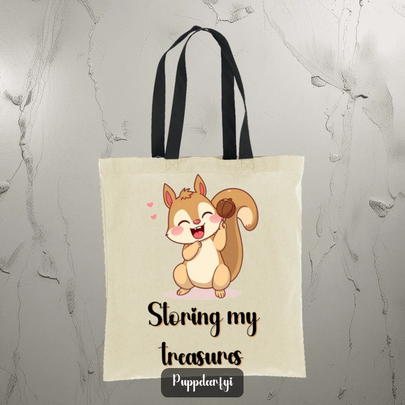 Funny tote bag showcasing a giggling squirrel making a nut puppet perform a somersault, perfect for carrying essentials and cheer.